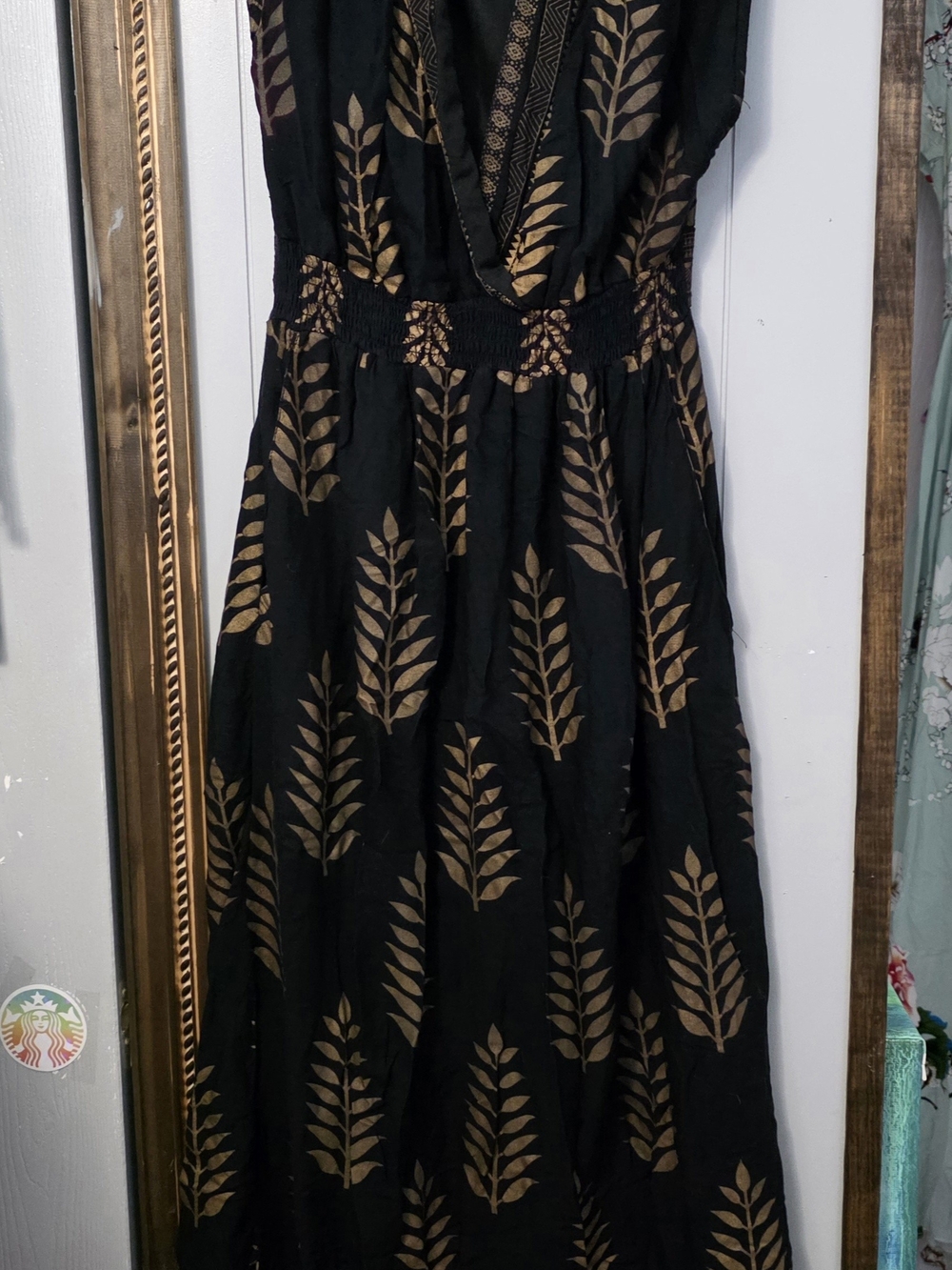 Black Maxi Dress with Gold Leaf Motif